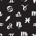 Vector Signs of the zodiac. Symbol hand draw horoscope. Seamless pattern isolated on a black background. Royalty Free Stock Photo