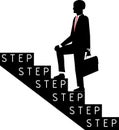 Silhouete of the man in the suit with briefcase up the stairs with inscription `step` for each step
