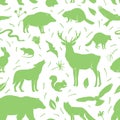 Vector silhouette animals seamless pattern. Deer, hare, fox, hedgehog, squirrel, wolf, bear, snake, beaver, raccoon, mouse, wild Royalty Free Stock Photo