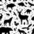 Vector silhouette animals seamless pattern. Deer, hare, fox, hedgehog, squirrel, wolf, bear, snake, beaver, raccoon, mouse, wild Royalty Free Stock Photo