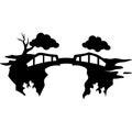Vector Silhouette of Bridge with Trees and Clouds for Tattoo or Coloring Book Design Royalty Free Stock Photo