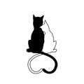 Vector silhouette of cat couple in love with shape heart tails.