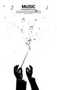 Vector silhouette of conductor hand hold baton stick with flying music note .