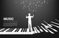 Vector silhouette of conductor standing with piano key with flying music note .