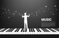 Vector silhouette of conductor standing with piano key with flying music note .