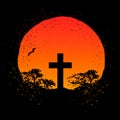 Vector silhouette of a cross on a gradient grunge orange circle background with trees silhouettes.