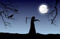 Vector silhouette of death in a hood holding a scythe over shoulder with dead tree branches and crows in front of glowing moon.