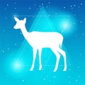 Vector silhouette of deer or doe flat Illustration on a gradient sky blue backgroud with constellation of stars and triangle frame