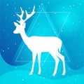 Vector silhouette of deer or doe with horns on a gradient sky blue backgroud with constellation of stars, geometrical waves and