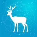 Vector silhouette of deer with horns flat Illustration on a gradient sky blue backgroud with constellation of stars and soft light