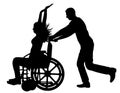 Vector silhouette disabled woman in a wheelchair is having fun with a man