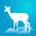 Vector silhouette of doe or deer flat Illustration on a gradient sky blue backgroud with constellation of stars, clouds and soft