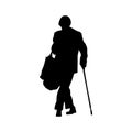 Vector silhouette of an elderly woman with a bag and a cane.