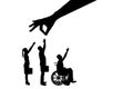 Vector silhouette employer`s hand chooses a healthy worker from a crowd of people and not an invalid in a wheelchair