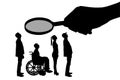 Vector silhouette employer`s hand looks through the magnifying glass to an invalid in a wheelchair waiting for an interview for w