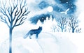 Vector silhouette of fox. Watercolor Christmas vector illustration. Watercolor winter landscape with isolated fox, sky, moon, owl Royalty Free Stock Photo