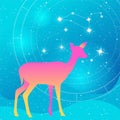 Vector silhouette of a gradient deer or doe Illustration on a blue grain starry backgroud with constellation of stars, natal chart