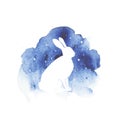 Vector silhouette of hare. Watercolor print with isolated animal in blue colors. Flat illustration and watercolor splash