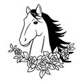 Vector silhouette of horse head with flowers bouquet. Hand drawn monochrome illustration isolated on white. Royalty Free Stock Photo