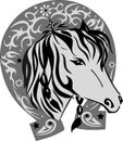 Vector silhouette of a horse with a horseshoe, a pet with a good luck symbol, a horse illustration the head, a pattern on an iron