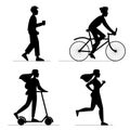 Vector silhouette illustration in flat design of people engaged in various sports. Running, walking, cycling. World health day.