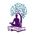 Vector silhouette illustration of people meditating under a tree