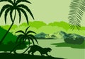 Vector silhouette illustration of tropical lake with mountains, trees and leopards silhouettes in jungle rainforest wetland