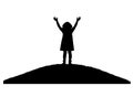 Vector silhouette, a little happy girl standing on a hill with her hands up Royalty Free Stock Photo