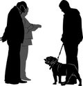 Vector silhouette of a man with a bulldog breed dog at a dog show.Dog show. Assessing the