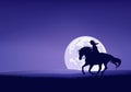 Vector silhouette outline of american cowgirl riding horse and full moon night landscape Royalty Free Stock Photo