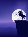 Vector silhouette outline of cowboy riding rearing up horse and full moon night landscape Royalty Free Stock Photo