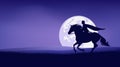 Vector silhouette outline of fairy tale hero prince riding horse and full moon night landscape