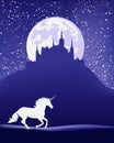 Vector silhouette outline of fairy tale unicorn horse, magic castle and full moon night landscape Royalty Free Stock Photo