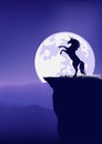 Vector silhouette outline of magical unicorn horse and full moon night landscape Royalty Free Stock Photo