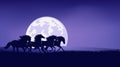 Vector silhouette outline of mustang horses herd and full moon night landscape Royalty Free Stock Photo