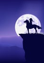 Vector silhouette outline of native american indian chief riding horse and full moon night landscape Royalty Free Stock Photo