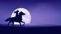 Vector silhouette outline of native american woman riding horse and full moon night landscape