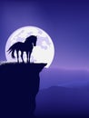 Vector silhouette outline of wild mustang horse and full moon night landscape Royalty Free Stock Photo