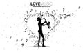 Vector silhouette of saxophonist standing with music note flying as heart shape .