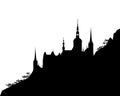 Vector silhouette scene background with fairy tale castle at mountain slope