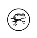 Hairdressing scissors and a lock of curly hair silhouette icon. Royalty Free Stock Photo