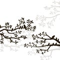 Vector silhouette of spring birds sitting on twig of tree. Decorative branch of tree with birds. Royalty Free Stock Photo