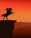 Vector silhouette sunset scene with native american indian woman and rearing up horse at cliff top Royalty Free Stock Photo