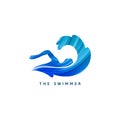Vector Silhouette of Swimmer and Big Wave. Minimalist Design Concept for Swimming Pools Logo