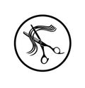 Scissors with curls.Silhouette of thinning scissors with hair. Royalty Free Stock Photo