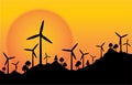 Vector silhouette wind wheel electric energy with sunset background.