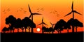 Vector silhouette windmills on the sunset