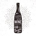 Vector silhouette of wine bottle with sunburst and lettering.