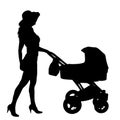 Vector silhouette of a woman with a pram. Royalty Free Stock Photo