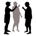 Vector silhouette 3 women in summer clothes arguing. A woman in a baseball cap is pointing to another woman with her index finger,